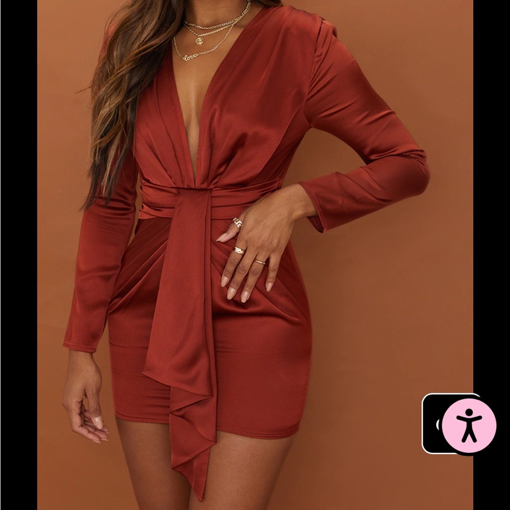 Prettylittlething Satin Long Sleeve Dress - Picture 7 of 8